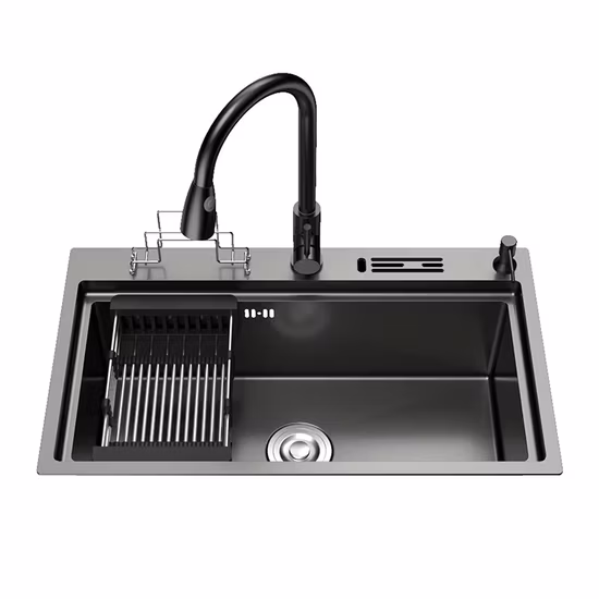 Fregaderos de cocina de un solo cuenco de acero inoxidable 304 con estante para platos sobre el fregadero ajustable